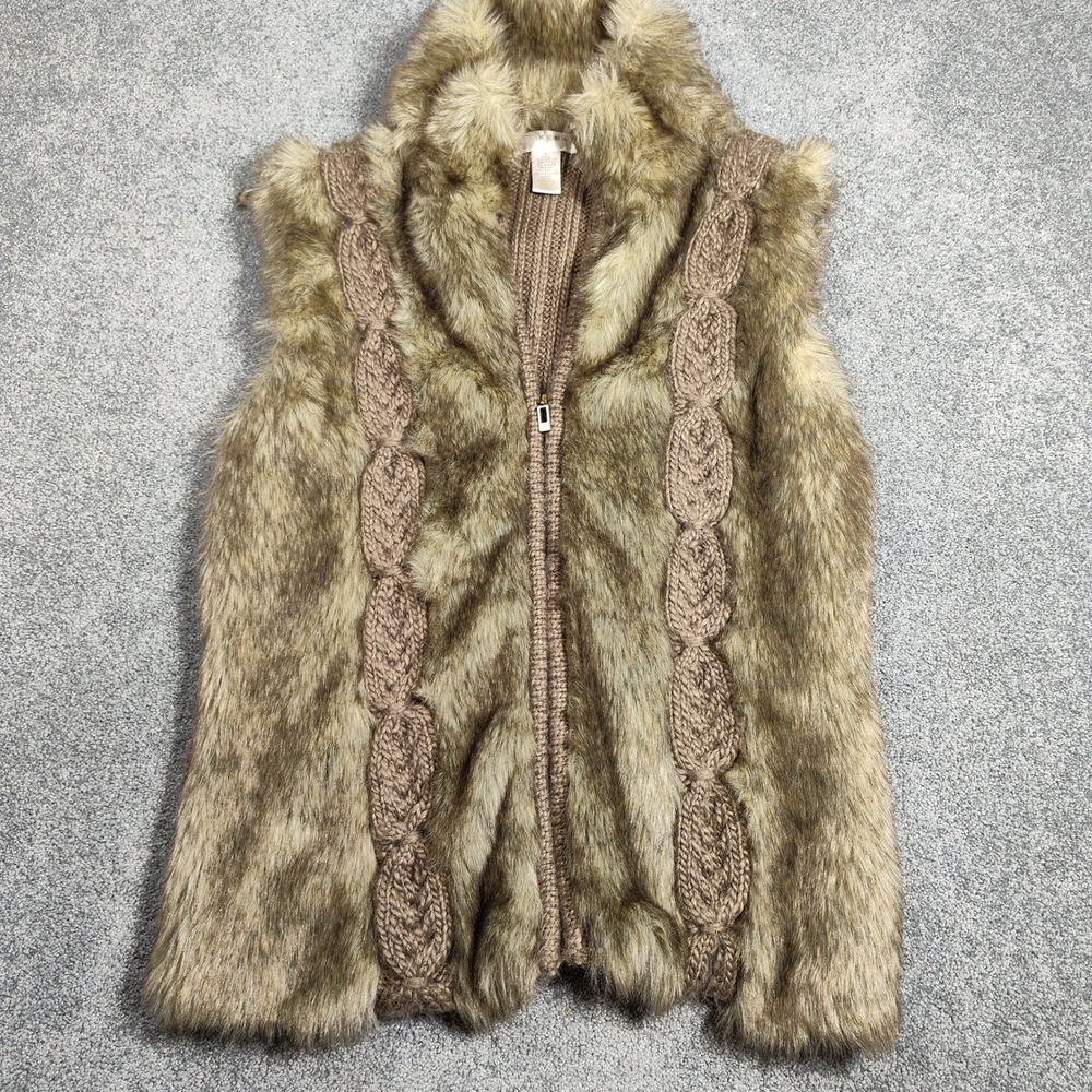 KENAR Faux Fur Knit Vest Women Size L Brown Cable Knit Zip Up Collar Warm